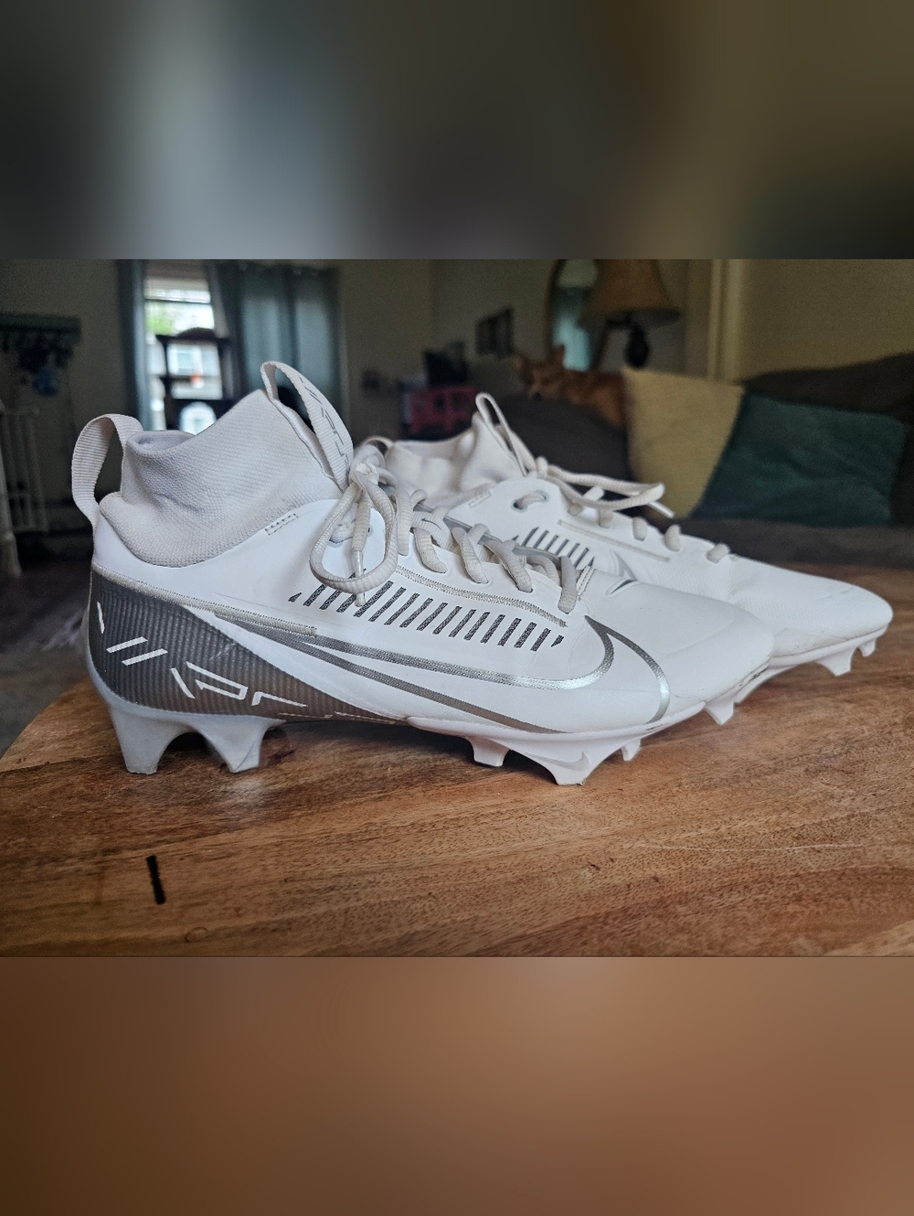 Nike Vapor Edge Pro White and Silver Football Cleats with Mid-Top Collar